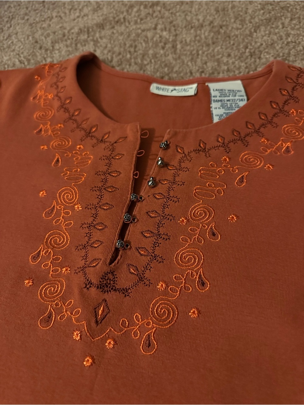 White Stag Women's Embroidered Rust Orange Baby Tee